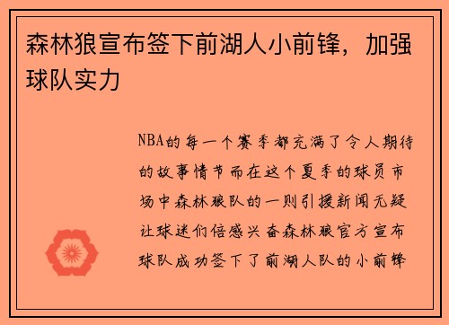 森林狼宣布签下前湖人小前锋，加强球队实力